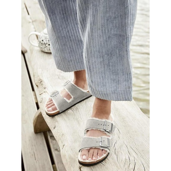 Birkenstock Arizona Stone Grey Fur Shearling Suede Sandals - Picture 5 of 14